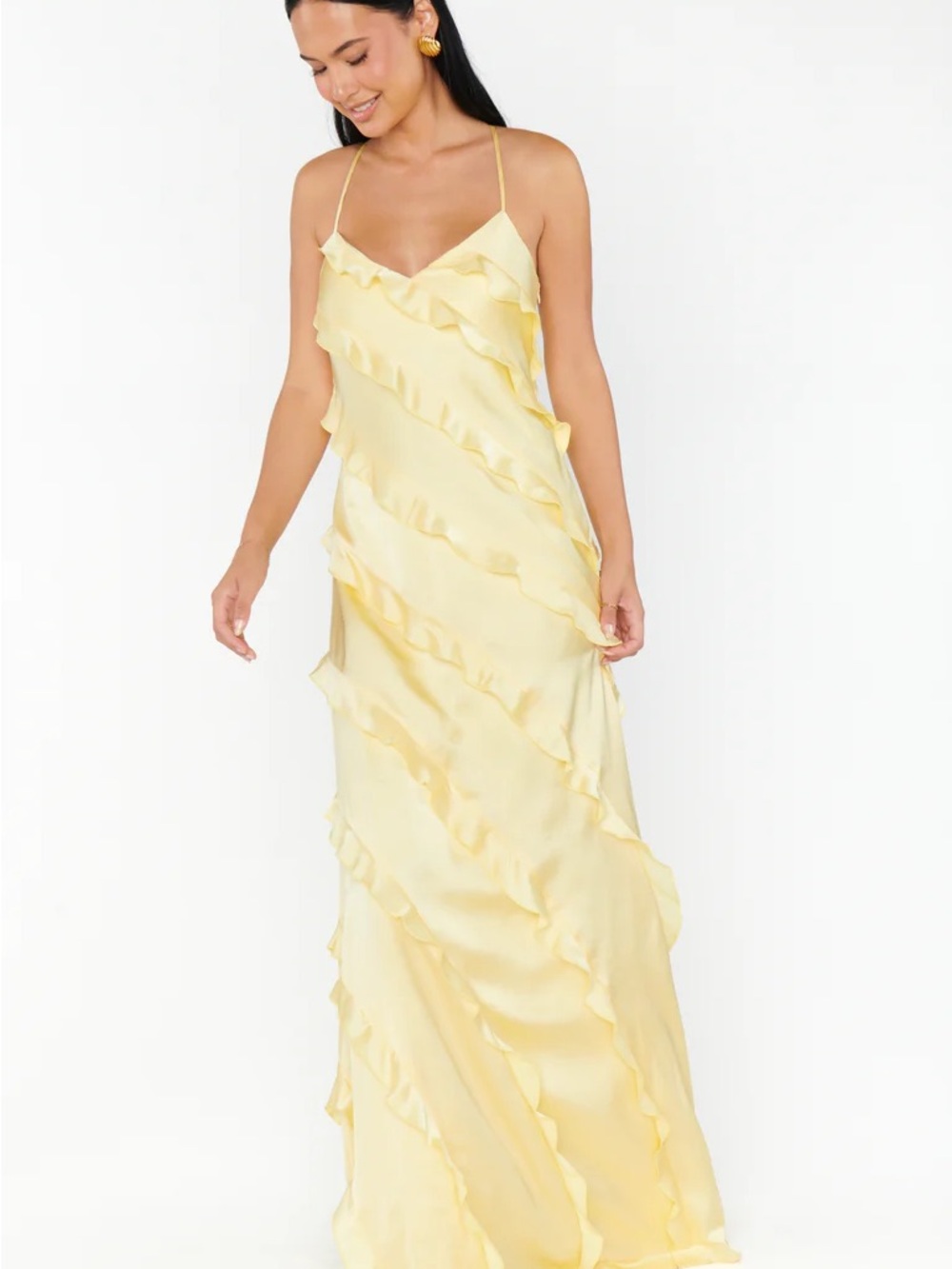 Show Me Your MuMu Pale Yellow Ruffle Satin Maxi Dress - Picture 3 of 9
